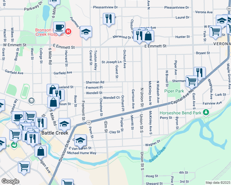map of restaurants, bars, coffee shops, grocery stores, and more near 101 Wendell Street in Battle Creek