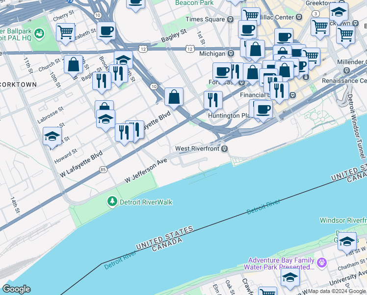 map of restaurants, bars, coffee shops, grocery stores, and more near 1030 West Jefferson Avenue in Detroit