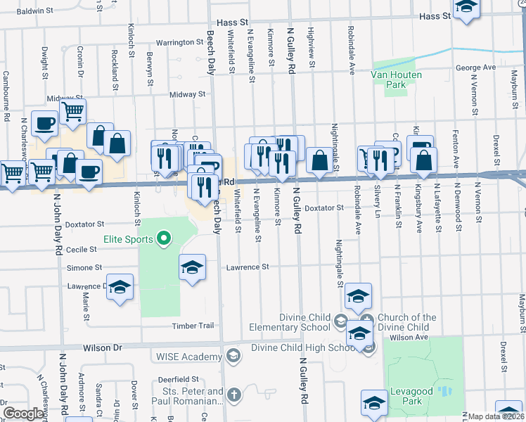 map of restaurants, bars, coffee shops, grocery stores, and more near 2020 North Evangeline Street in Dearborn Heights