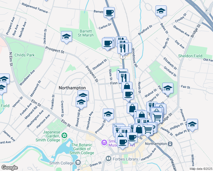 map of restaurants, bars, coffee shops, grocery stores, and more near 46 Finn Street in Northampton
