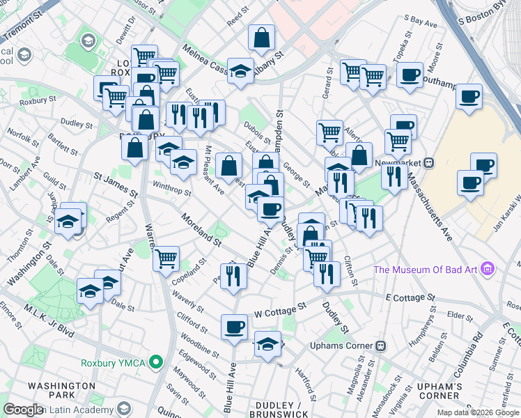 map of restaurants, bars, coffee shops, grocery stores, and more near 140 Mount Pleasant Avenue in Boston