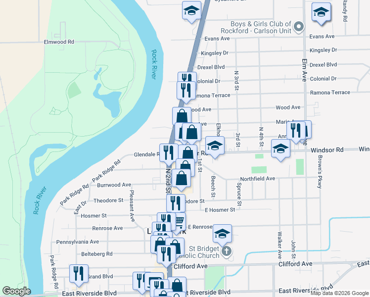map of restaurants, bars, coffee shops, grocery stores, and more near 514 Windsor Road in Loves Park