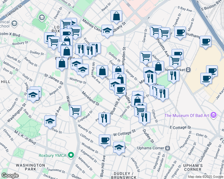 map of restaurants, bars, coffee shops, grocery stores, and more near 140 Mount Pleasant Avenue in Boston