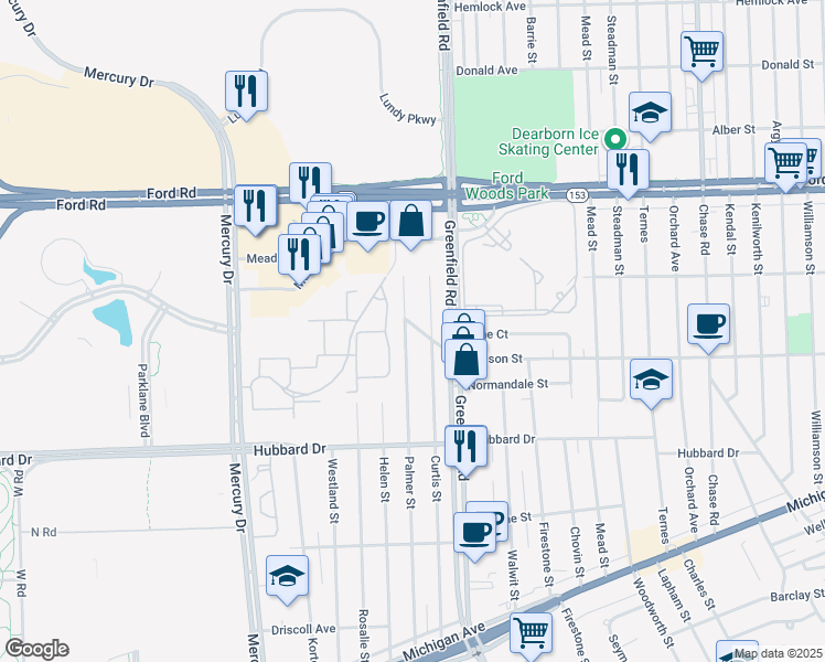 map of restaurants, bars, coffee shops, grocery stores, and more near 5160 Palmer Street in Dearborn