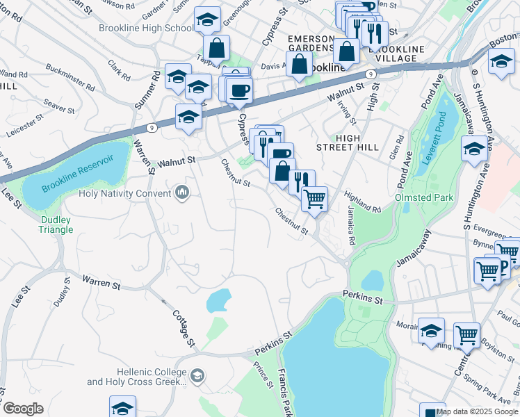 map of restaurants, bars, coffee shops, grocery stores, and more near 30 Sargent Beechwood in Brookline