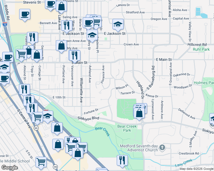 map of restaurants, bars, coffee shops, grocery stores, and more near 213 Mount Echo Drive in Medford