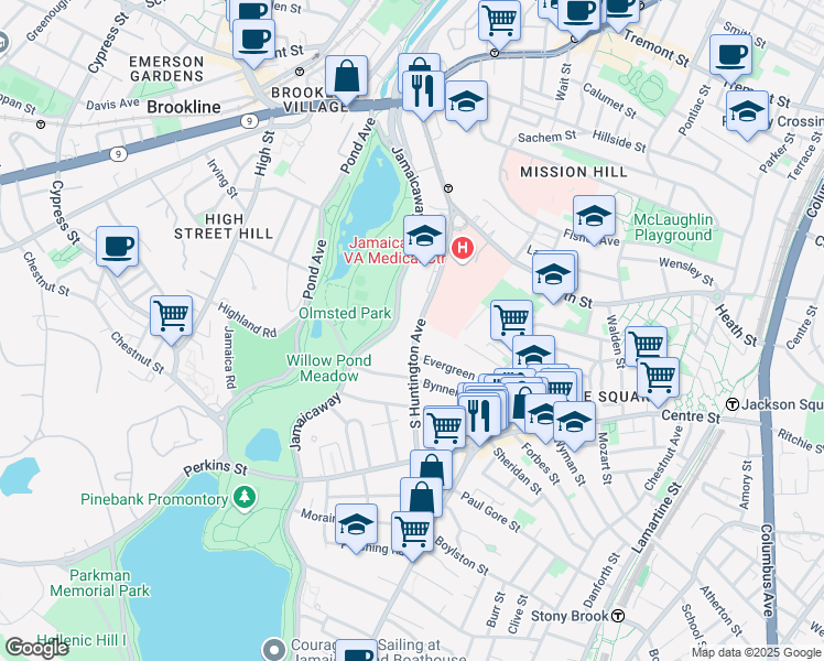 map of restaurants, bars, coffee shops, grocery stores, and more near 221 South Huntington Avenue in Boston
