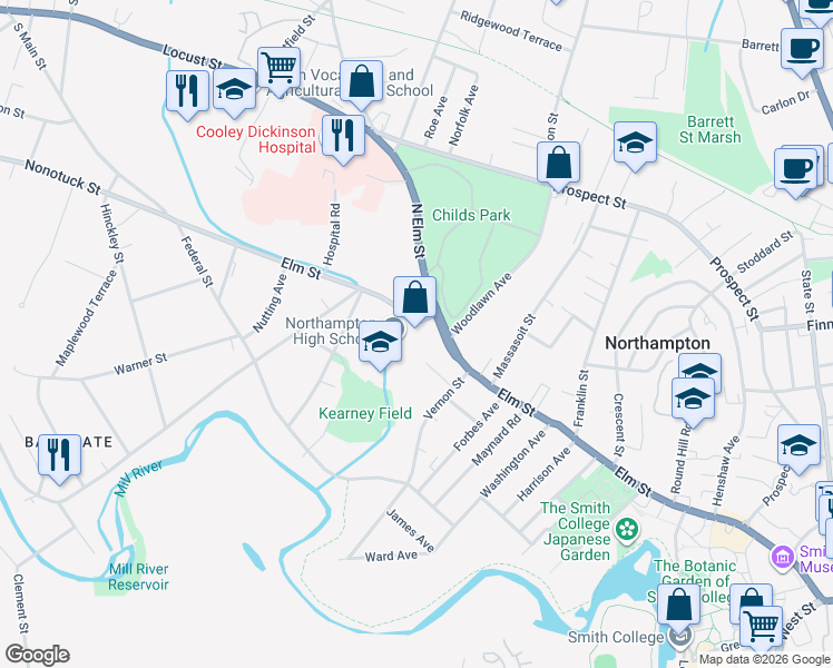map of restaurants, bars, coffee shops, grocery stores, and more near 380 Elm Street in Northampton