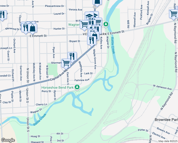 map of restaurants, bars, coffee shops, grocery stores, and more near 31 Lark Street in Battle Creek