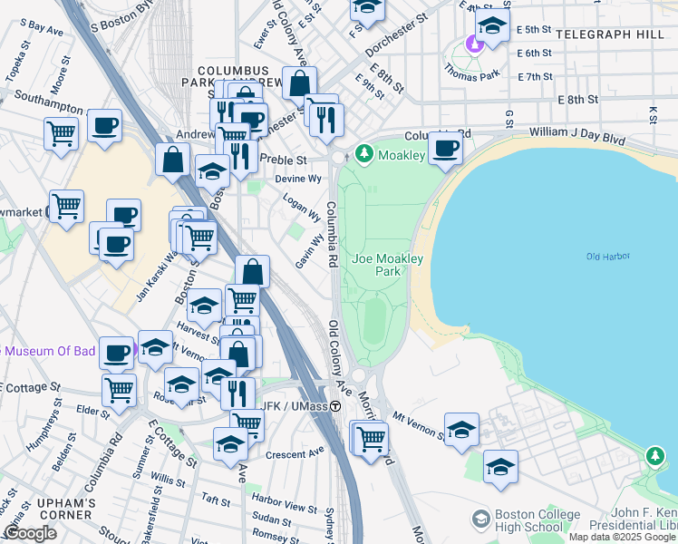 map of restaurants, bars, coffee shops, grocery stores, and more near 424 Old Colony Avenue in Boston