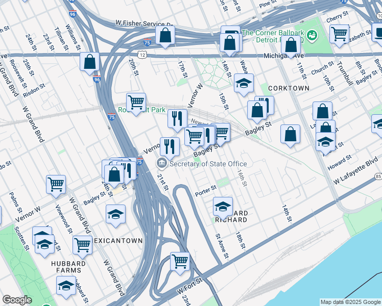 map of restaurants, bars, coffee shops, grocery stores, and more near 2634 Bagley St in Detroit