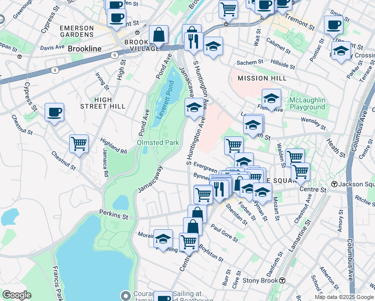 map of restaurants, bars, coffee shops, grocery stores, and more near 221 South Huntington Avenue in Boston