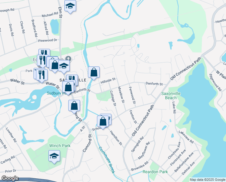 map of restaurants, bars, coffee shops, grocery stores, and more near 77 Cottage Street in Framingham