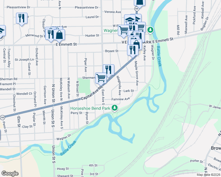 map of restaurants, bars, coffee shops, grocery stores, and more near 38 Traverse Street in Battle Creek