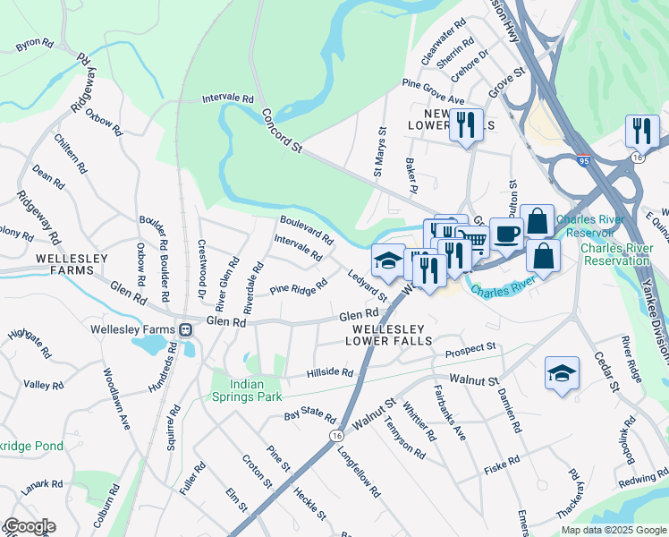 map of restaurants, bars, coffee shops, grocery stores, and more near 38 Ledyard Street in Wellesley