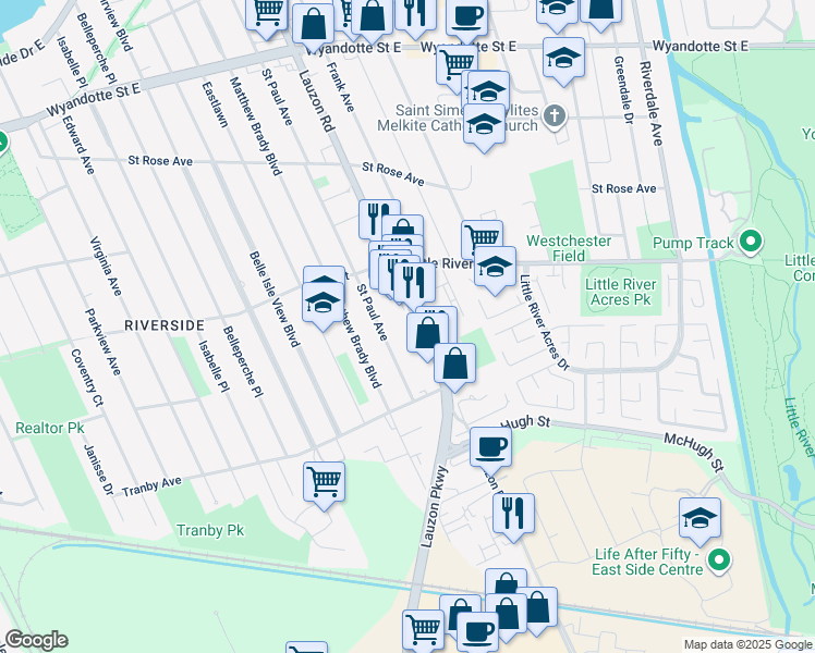 map of restaurants, bars, coffee shops, grocery stores, and more near 1211 Lauzon Road in Windsor