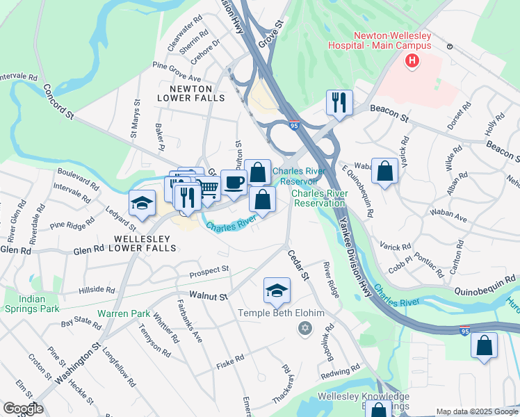 map of restaurants, bars, coffee shops, grocery stores, and more near 2300 Washington Street in Newton