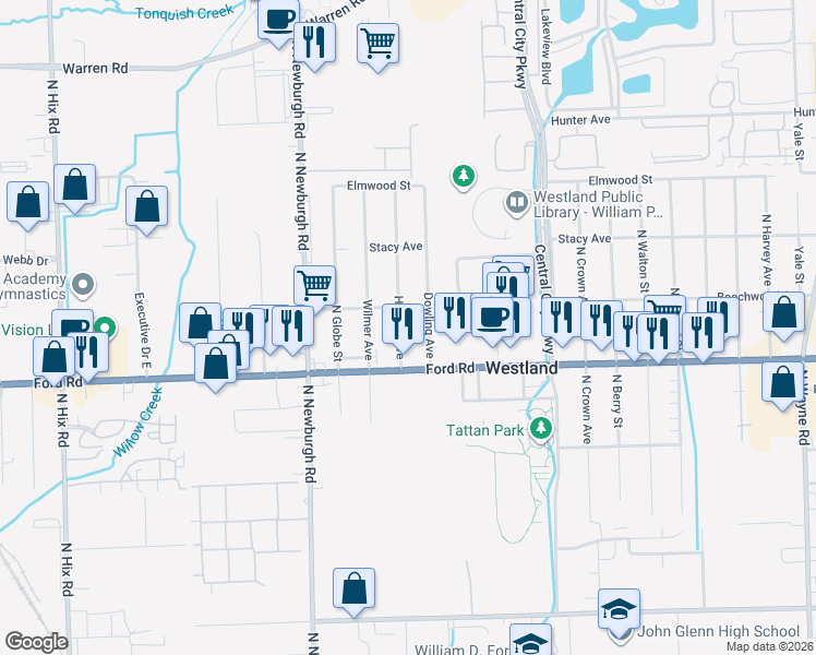 map of restaurants, bars, coffee shops, grocery stores, and more near 5746 Herbert Street in Westland