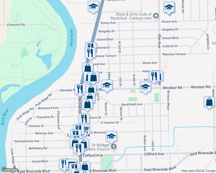 map of restaurants, bars, coffee shops, grocery stores, and more near 704 Windsor Road in Loves Park