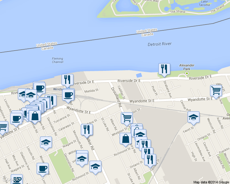 map of restaurants, bars, coffee shops, grocery stores, and more near 240 Drouillard Road in Windsor