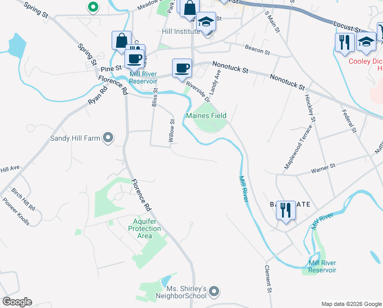 map of restaurants, bars, coffee shops, grocery stores, and more near 144 Willow Street in Northampton