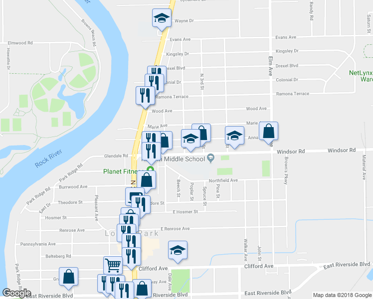 map of restaurants, bars, coffee shops, grocery stores, and more near 704 Windsor Road in Loves Park
