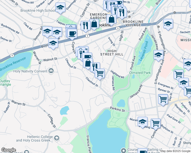 map of restaurants, bars, coffee shops, grocery stores, and more near 100 Franklin Street in Brookline