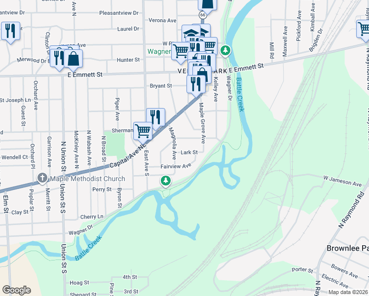 map of restaurants, bars, coffee shops, grocery stores, and more near 31 Lark Street in Battle Creek