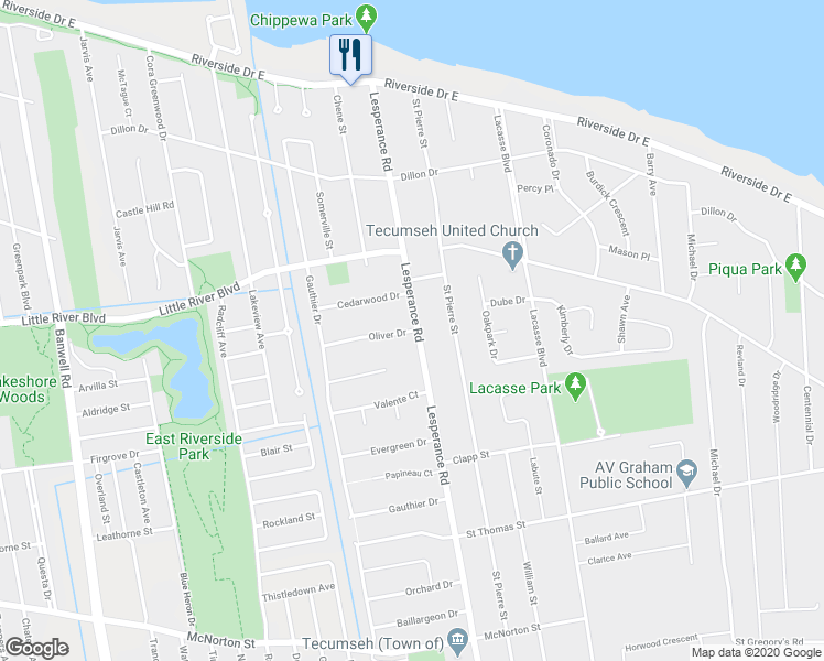 map of restaurants, bars, coffee shops, grocery stores, and more near 12272 Oliver Drive in Tecumseh