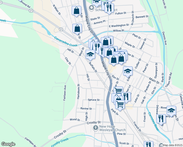 map of restaurants, bars, coffee shops, grocery stores, and more near 56 Cass Street in Hornell