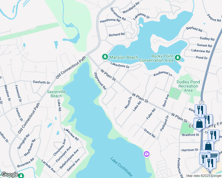 map of restaurants, bars, coffee shops, grocery stores, and more near 14 Ridgefield Road in Wayland