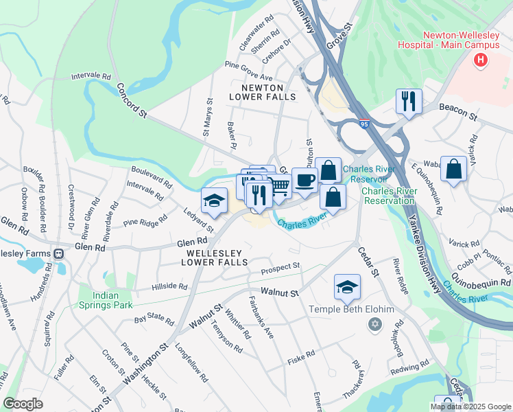 map of restaurants, bars, coffee shops, grocery stores, and more near 1 Washington Street in Wellesley
