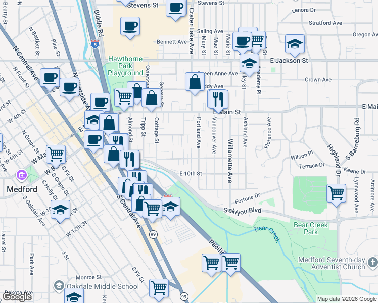 map of restaurants, bars, coffee shops, grocery stores, and more near 859 East 9th Street in Medford
