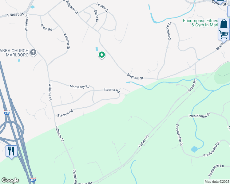 map of restaurants, bars, coffee shops, grocery stores, and more near 199 Stearns Road in Marlborough