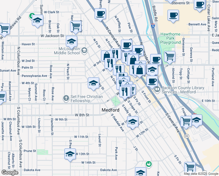 map of restaurants, bars, coffee shops, grocery stores, and more near 310 West 6th Street in Medford