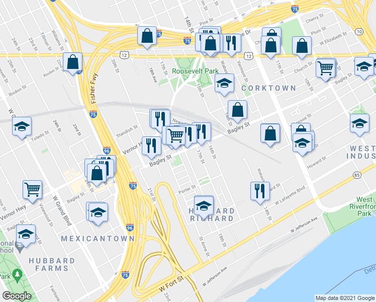 map of restaurants, bars, coffee shops, grocery stores, and more near 2545 Bagley Street in Detroit