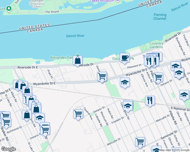 map of restaurants, bars, coffee shops, grocery stores, and more near 3936 Wyandotte Street East in Windsor