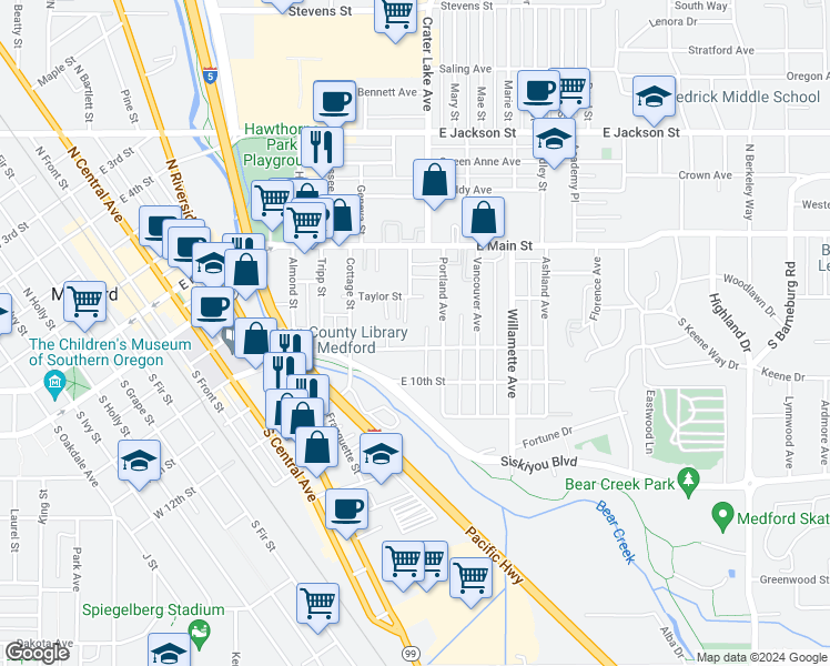 map of restaurants, bars, coffee shops, grocery stores, and more near 849 East 9th Street in Medford