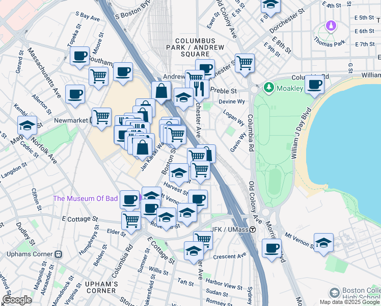 map of restaurants, bars, coffee shops, grocery stores, and more near 26 Washburn Street in Boston