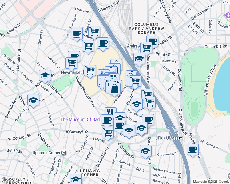 map of restaurants, bars, coffee shops, grocery stores, and more near 9 District Avenue in Boston