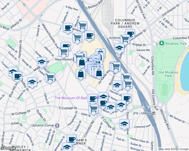 map of restaurants, bars, coffee shops, grocery stores, and more near 20B District Avenue in Boston