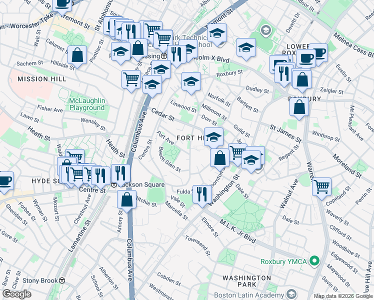 map of restaurants, bars, coffee shops, grocery stores, and more near 17 Fort Avenue in Boston