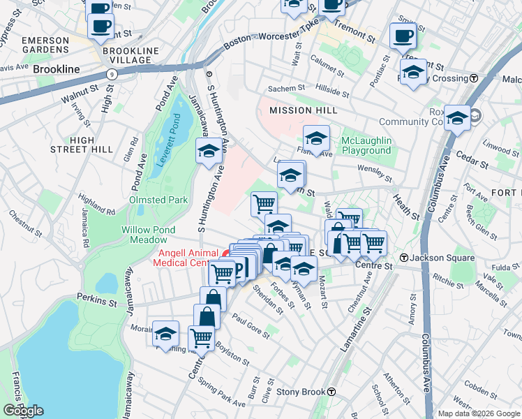 map of restaurants, bars, coffee shops, grocery stores, and more near 4 Grotto Glen Road in Boston