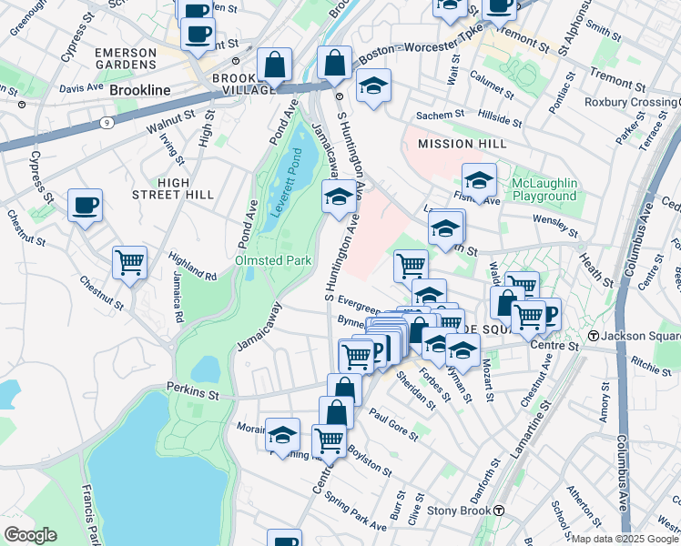 map of restaurants, bars, coffee shops, grocery stores, and more near 226 South Huntington Avenue in Boston