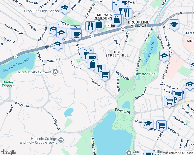 map of restaurants, bars, coffee shops, grocery stores, and more near 100 Franklin Street in Brookline