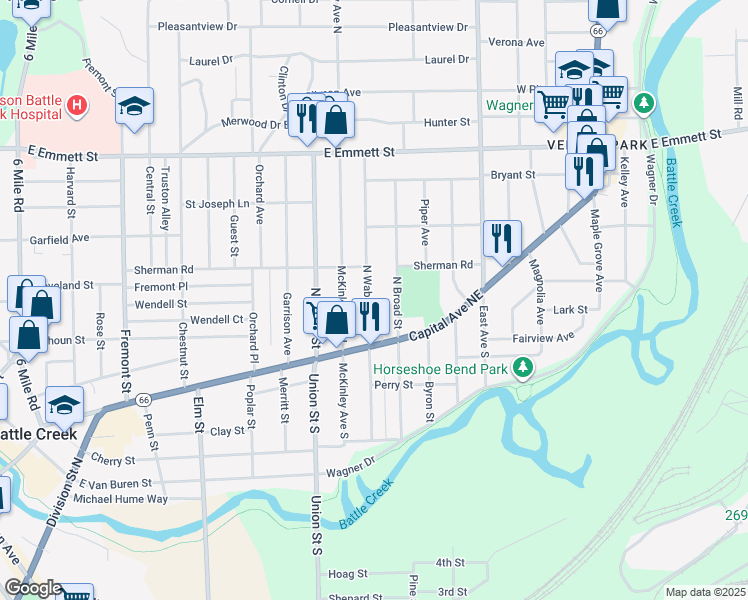 map of restaurants, bars, coffee shops, grocery stores, and more near 49 North Wabash Avenue in Battle Creek