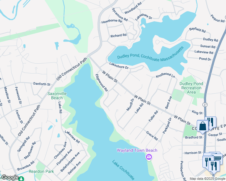 map of restaurants, bars, coffee shops, grocery stores, and more near 14 Ridgefield Road in Wayland