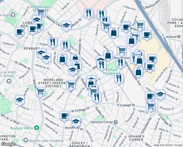 map of restaurants, bars, coffee shops, grocery stores, and more near 44 Woodward Avenue in Roxbury