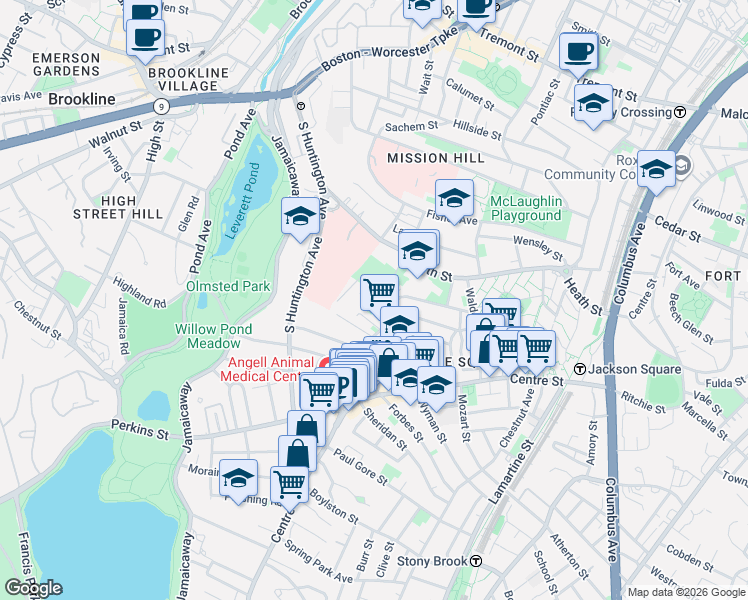 map of restaurants, bars, coffee shops, grocery stores, and more near 4 Grotto Glen Road in Boston