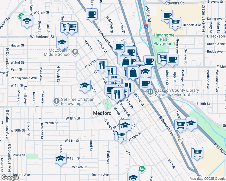map of restaurants, bars, coffee shops, grocery stores, and more near 132 West Main Street in Medford